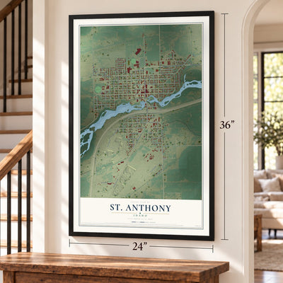 St. Anthony, Idaho map, 24 x 36 inch print in a black frame by a staircase