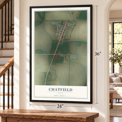 Chatfield, Ohio map, 24 x 36 inch print in a black frame by a staircase