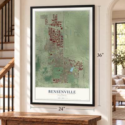 Bensenville, Illinois map, 24 x 36 inch print in a black frame by a staircase