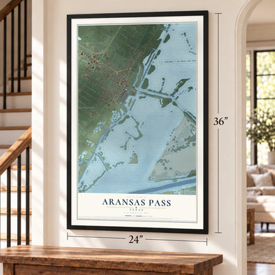 Aransas Pass, Texas map, 24 x 36 inch print in a black frame by a staircase