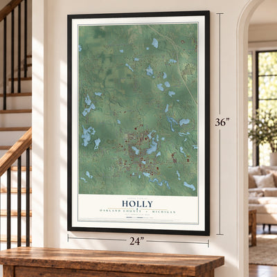 Holly, Oakland County, Michigan map, 24 x 36 inch print in a black frame by a staircase