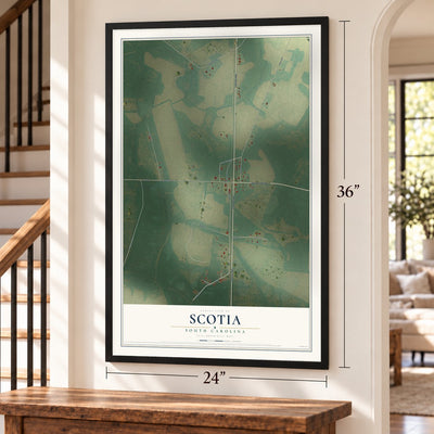 Scotia, South Carolina map, 24 x 36 inch print in a black frame by a staircase