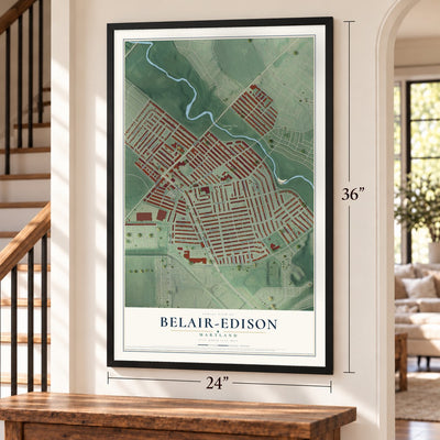 Belair-Edison, Maryland map, 24 x 36 inch print in a black frame by a staircase