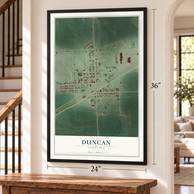 Duncan, Nebraska map, 24 x 36 inch print in a black frame by a staircase