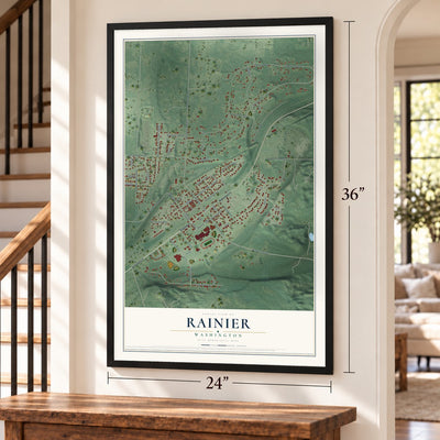 Rainier, Washington map, 24 x 36 inch print in a black frame by a staircase