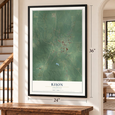 Rison, Arkansas map, 24 x 36 inch print in a black frame by a staircase