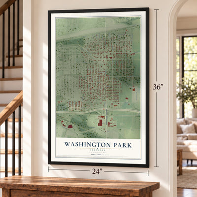 Washington Park, Illinois map, 24 x 36 inch print in a black frame by a staircase