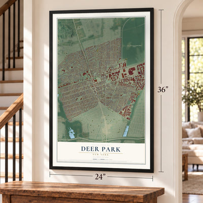 Deer Park, New York map, 24 x 36 inch print in a black frame by a staircase