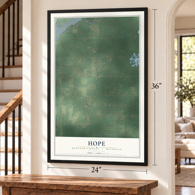 Hope, Midland County, Michigan map, 24 x 36 inch print in a black frame by a staircase