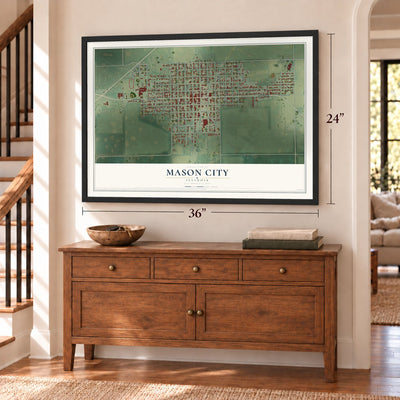 Mason City, Illinois map, 24 x 36 inch print in a black frame above a dresser by a staircase