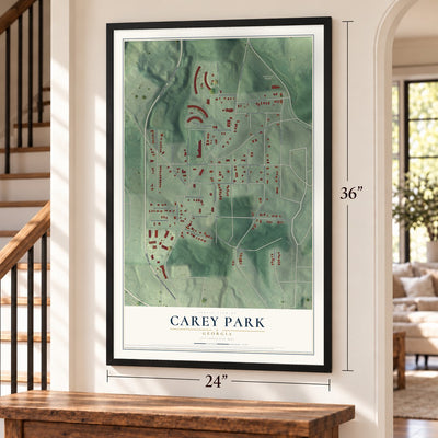 Carey Park, Georgia map, 24 x 36 inch print in a black frame by a staircase
