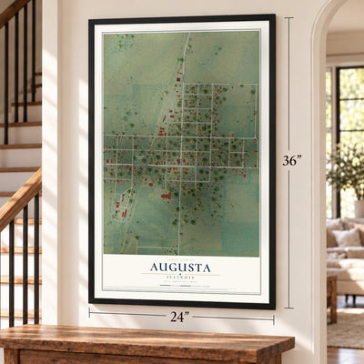 Augusta, Illinois map, 24 x 36 inch print in a black frame by a staircase