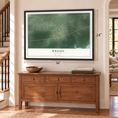 Wright, Minnesota map, 24 x 36 inch print in a black frame above a dresser by a staircase