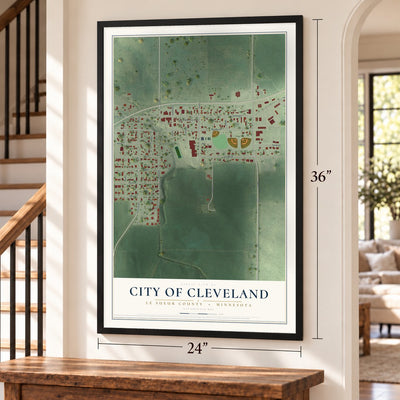 Cleveland, Minnesota map, 24 x 36 inch print in a black frame by a staircase