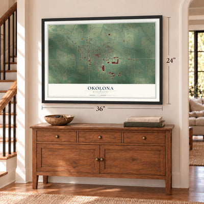 Okolona, Mississippi map, 24 x 36 inch print in a black frame above a dresser by a staircase