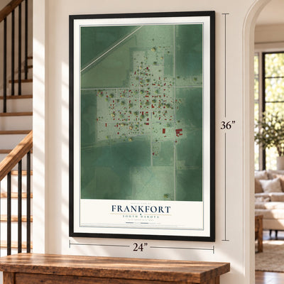 Frankfort, South Dakota map, 24 x 36 inch print in a black frame by a staircase