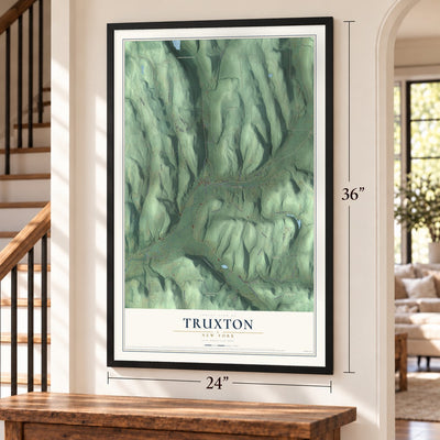 Truxton, New York map, 24 x 36 inch print in a black frame by a staircase