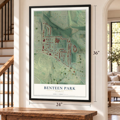 Benteen Park, Georgia map, 24 x 36 inch print in a black frame by a staircase