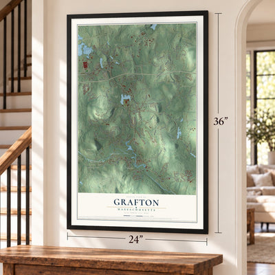 Grafton, Massachusetts map, 24 x 36 inch print in a black frame by a staircase