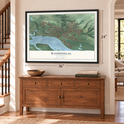 Washougal, Washington map, 24 x 36 inch print in a black frame above a dresser by a staircase