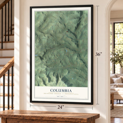 Columbia, Bradford County, Pennsylvania map, 24 x 36 inch print in a black frame by a staircase