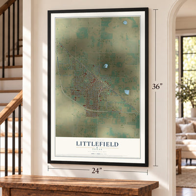 Littlefield, Texas map, 24 x 36 inch print in a black frame by a staircase