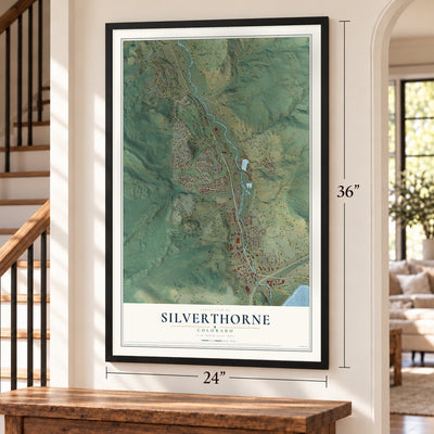 Silverthorne, Colorado map, 24 x 36 inch print in a black frame by a staircase