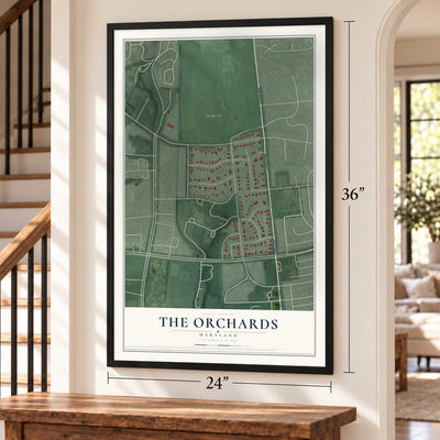 The Orchards, Maryland map, 24 x 36 inch print in a black frame by a staircase