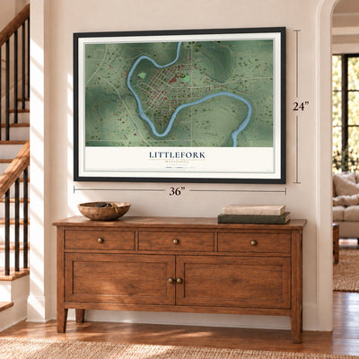 Littlefork, Minnesota map, 24 x 36 inch print in a black frame above a dresser by a staircase