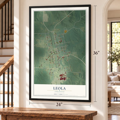 Leola, Arkansas map, 24 x 36 inch print in a black frame by a staircase