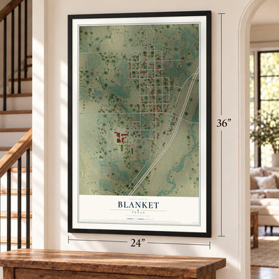 Blanket, Texas map, 24 x 36 inch print in a black frame by a staircase