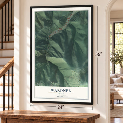 Wardner, Idaho map, 24 x 36 inch print in a black frame by a staircase