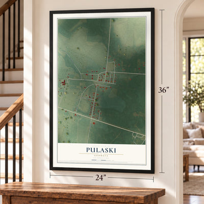 Pulaski, Georgia map, 24 x 36 inch print in a black frame by a staircase