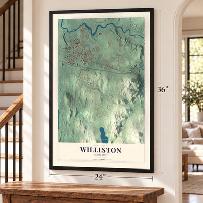 Williston, Vermont map, 24 x 36 inch print in a black frame by a staircase