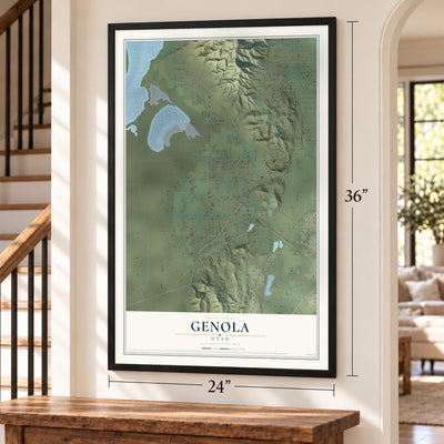 Genola, Utah map, 24 x 36 inch print in a black frame by a staircase