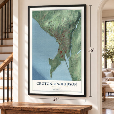 Croton-on-Hudson, New York map, 24 x 36 inch print in a black frame by a staircase