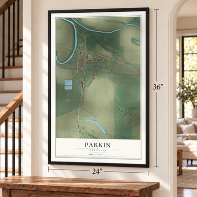 Parkin, Arkansas map, 24 x 36 inch print in a black frame by a staircase