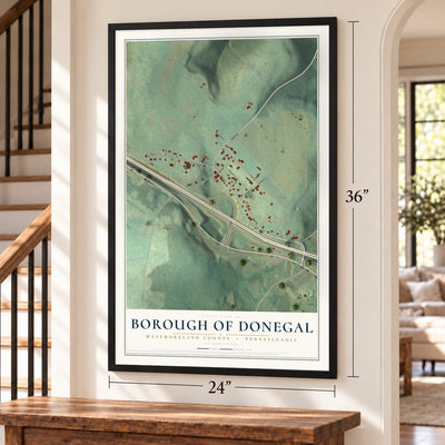Borough of Donegal, Westmoreland County, Pennsylvania map, 24 x 36 inch print in a black frame by a staircase