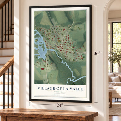 La Valle, Wisconsin map, 24 x 36 inch print in a black frame by a staircase