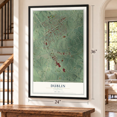 Dublin, Virginia map, 24 x 36 inch print in a black frame by a staircase