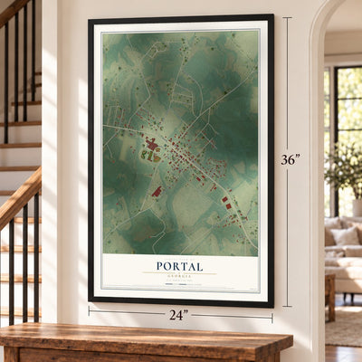 Portal, Georgia map, 24 x 36 inch print in a black frame by a staircase