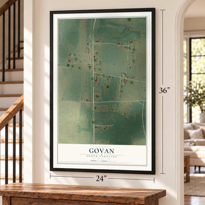 Govan, South Carolina map, 24 x 36 inch print in a black frame by a staircase