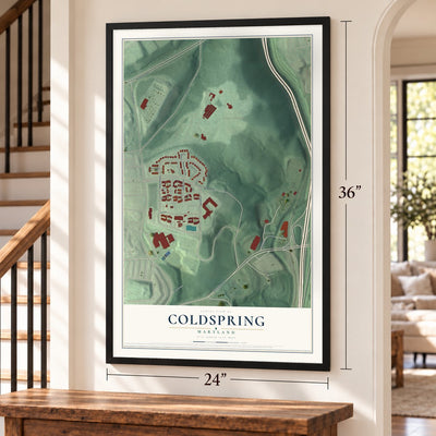 Coldspring, Maryland map, 24 x 36 inch print in a black frame by a staircase