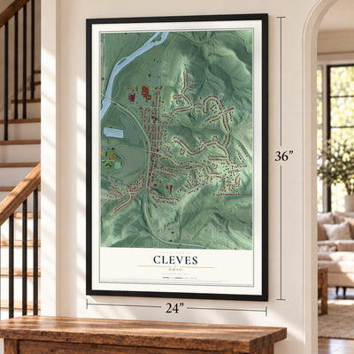 Cleves, Ohio map, 24 x 36 inch print in a black frame by a staircase