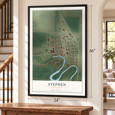 Stephen, Minnesota map, 24 x 36 inch print in a black frame by a staircase