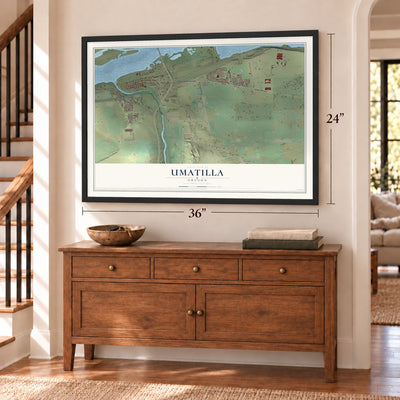 Umatilla, Oregon map, 24 x 36 inch print in a black frame above a dresser by a staircase