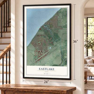 Eastlake, Ohio map, 24 x 36 inch print in a black frame by a staircase