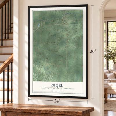 Sigel, Chippewa County, Wisconsin map, 24 x 36 inch print in a black frame by a staircase