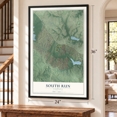 South Run, Virginia map, 24 x 36 inch print in a black frame by a staircase