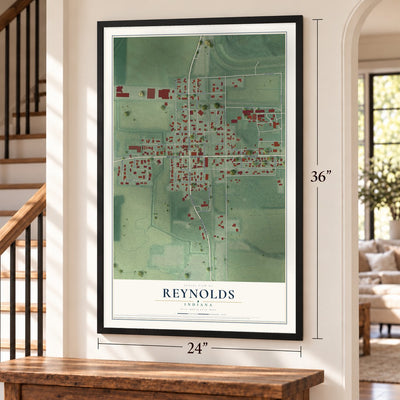 Reynolds, Indiana map, 24 x 36 inch print in a black frame by a staircase